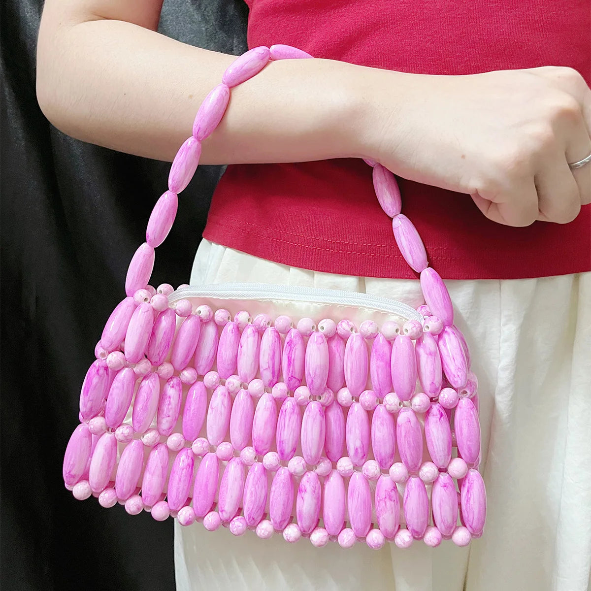 Niche Design 2025 New Handmade Bead Weaving Hollow Out Dopamine Leisure Versatile Beach Handbag