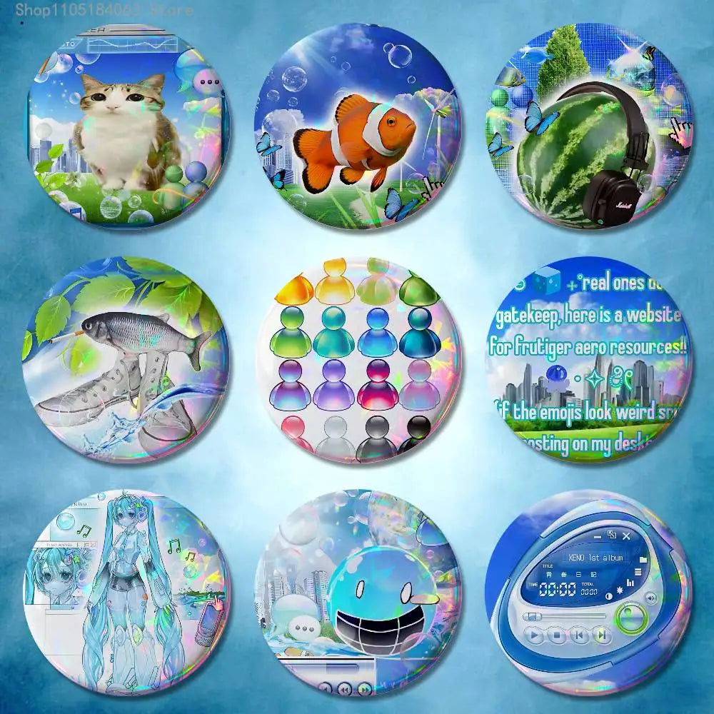 Pins Redondos Frutiger Aero Aqua nostalgia del futuro  – "Ecos de Hi'ilawe" 🐠🏞️🫧✨