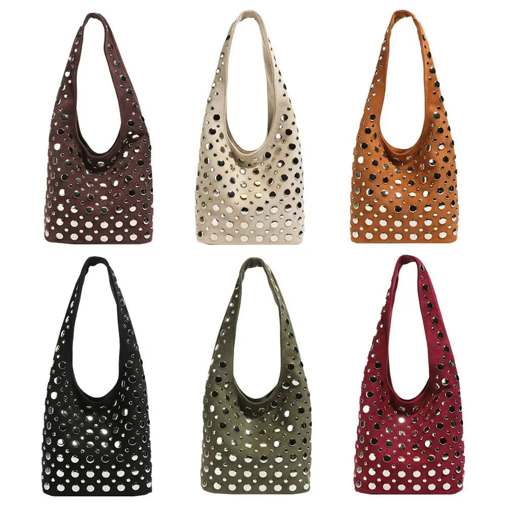 Elegant Rivet Decoration Hobo Shoulder Bag Suede Solid Color Bucket Handbag Large Capacity Underarm Tote For Women