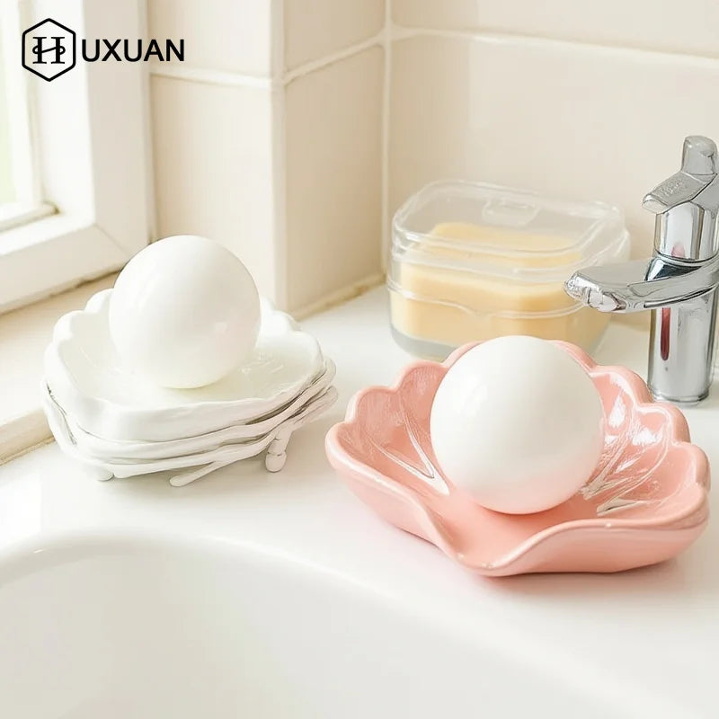 Shell Shape Ceramic Drain Soap Dish Holder Creative Home Solid Color Soap Dishes Jewelry Boxes Storage Box Bathroom Accessories