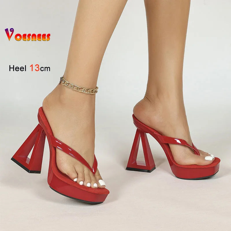 Hollow Block Heel Women Flip Flops 13cm Super High Heel Platform Slippers Patent Leather Slip On Sandals Party Dress Lady Shoes