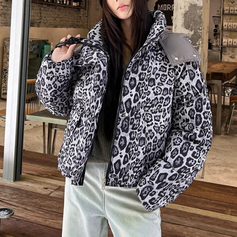 2025 Winter Women American Leopard Print Cotton Jacket Thick Short Stand Collar Streetwear Women Clothes