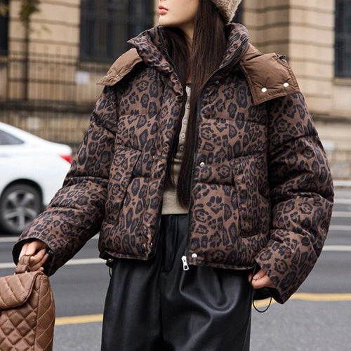 2025 Winter Women American Leopard Print Cotton Jacket Thick Short Stand Collar Streetwear Women Clothes