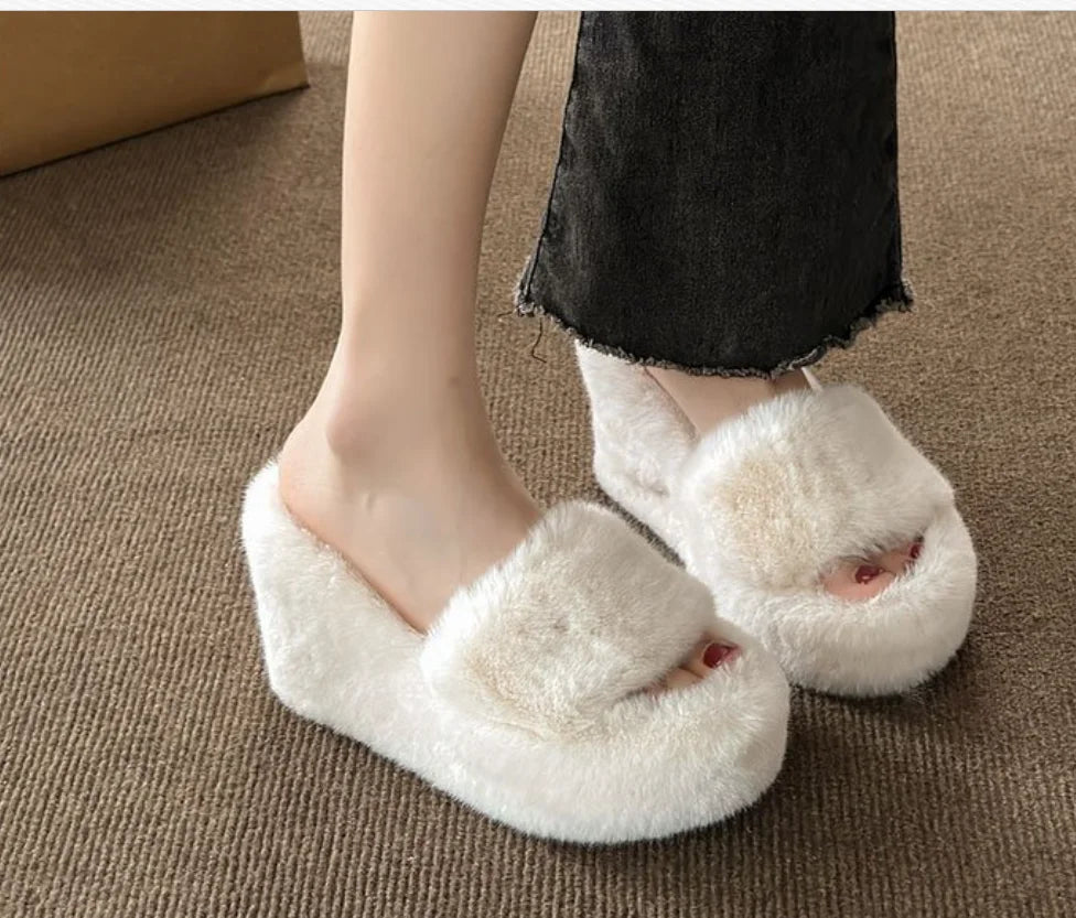 Women's 9cm Wedge Plush Slippers Autumn Winter Slip-Resistant Sole Fuzzy Slippers Comfort Warm Indoor Outdoor Thick Fur Shoes