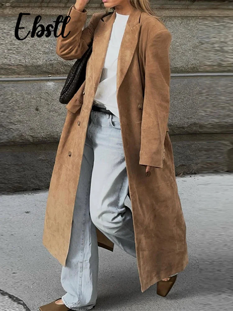 High Street Double-breasted Suede Jackets Women's Vintage Turn-down Collar Split Long Coat 2025 Autumn Winter New Ladies Outwear