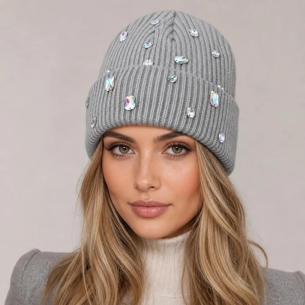 Rhinestone-embellished Beanie Hat Solid Color Punk-style Rhinestone-adorned Hat Soft Stretchy Pullover Knit Cap Winter