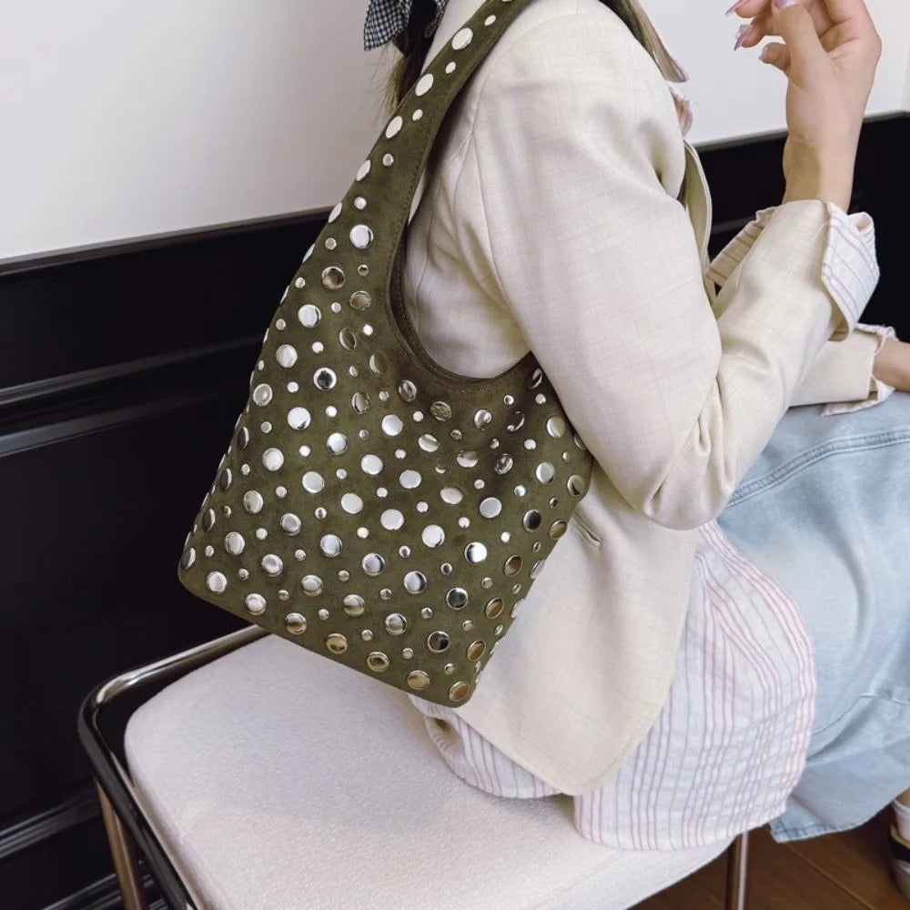 Elegant Rivet Decoration Hobo Shoulder Bag Suede Solid Color Bucket Handbag Large Capacity Underarm Tote For Women