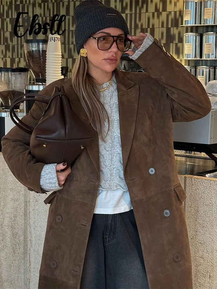High Street Double-breasted Suede Jackets Women's Vintage Turn-down Collar Split Long Coat 2025 Autumn Winter New Ladies Outwear