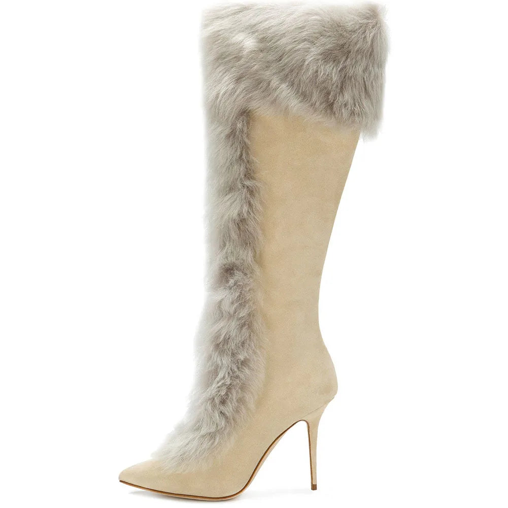 Elegant Lady Bunny Fur Knee High Boots Winter Sexy Warm High Heel Pointed Toe Plus Size Long Boots Fashion Women Stiletto Boots