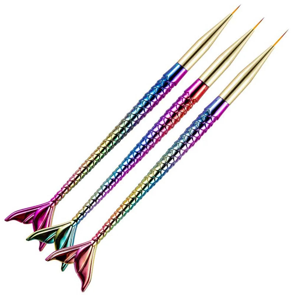 3Pcs/set Mermaid Tail Shape Mermaid Nail Painting Brush UV Gel Extension Flower Line Grid Mermaid Nail Art Liner Pen