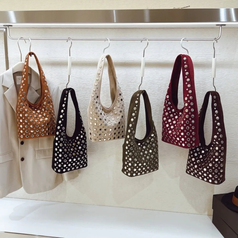 Elegant Rivet Decoration Hobo Shoulder Bag Suede Solid Color Bucket Handbag Large Capacity Underarm Tote For Women