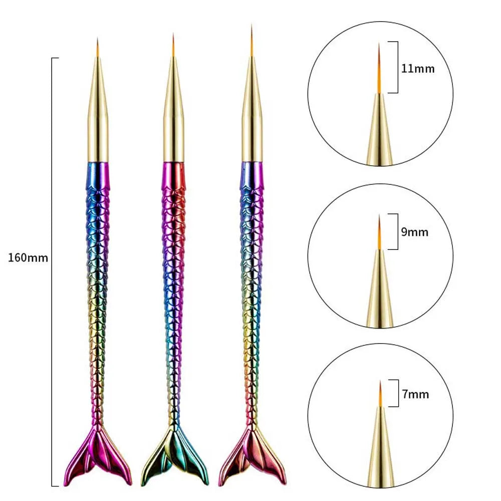 3Pcs/set Mermaid Tail Shape Mermaid Nail Painting Brush UV Gel Extension Flower Line Grid Mermaid Nail Art Liner Pen