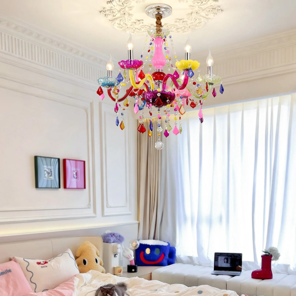 European-style Children's Room Chandelier Girls' Princess Bedroom Light Creative Cartoon-inspired Colored Crystal Lamp 3C