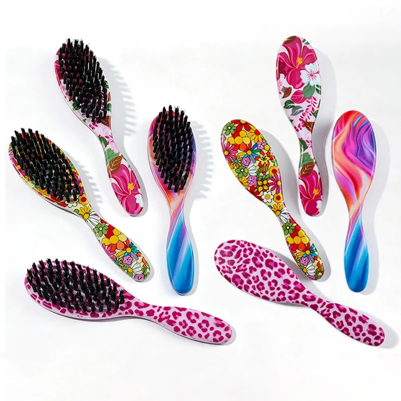 Mini Edge Brush Beard Brush Soft Medium Bristles Detangling Comb Tame Frizzy Hair Leopard Floral Rainbow Patterns Unisex Travel