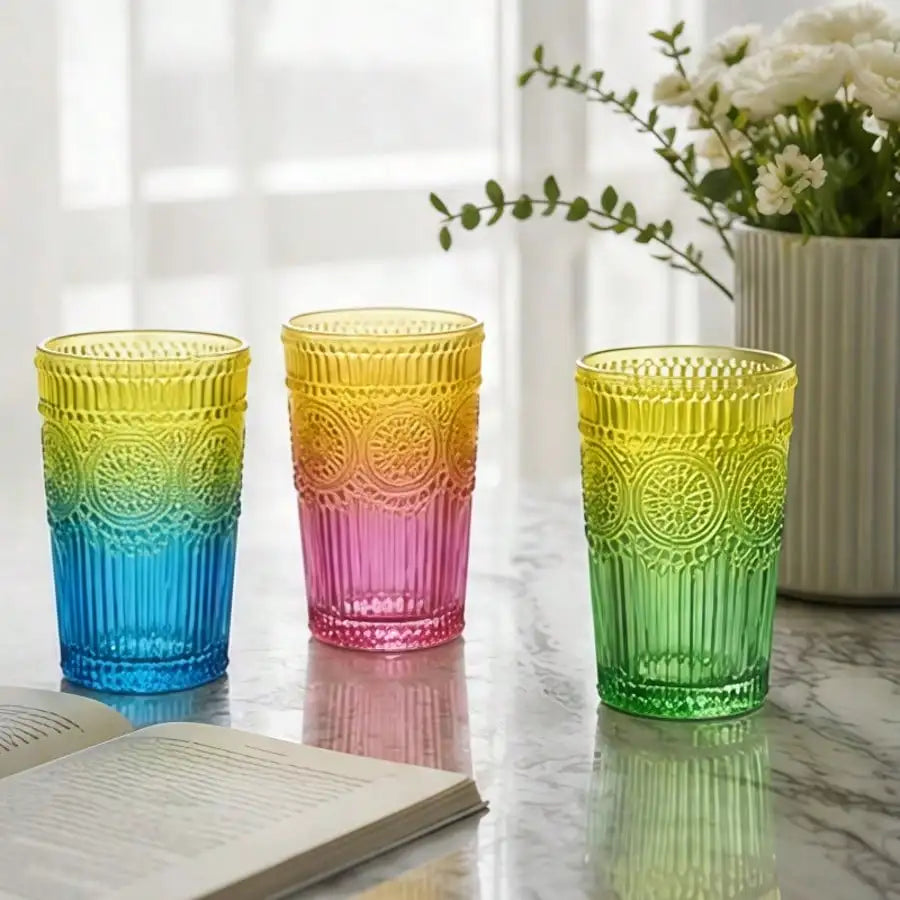 6 Pieces 12oz/354ml, Colorful Retro Water Cup, Romantic Drinking Cup, High-Quality Glassware Set, Suitable For Juice, Beverages, Coffee, Milk And Other Drinks, Very Suitable For Parties, Weddings And Festivals.sh2605221452864