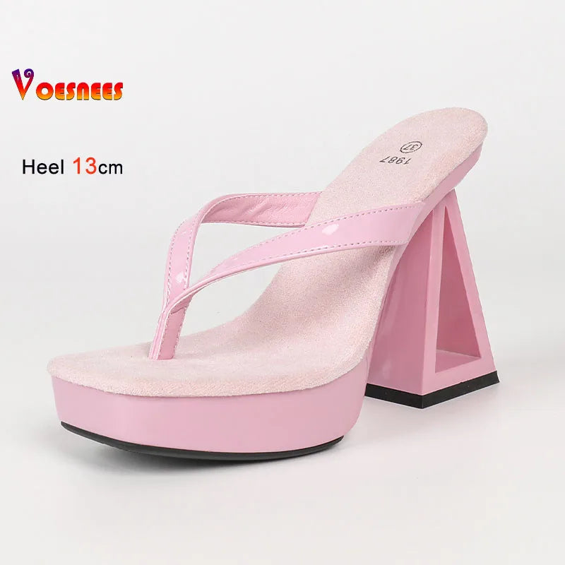 Hollow Block Heel Women Flip Flops 13cm Super High Heel Platform Slippers Patent Leather Slip On Sandals Party Dress Lady Shoes
