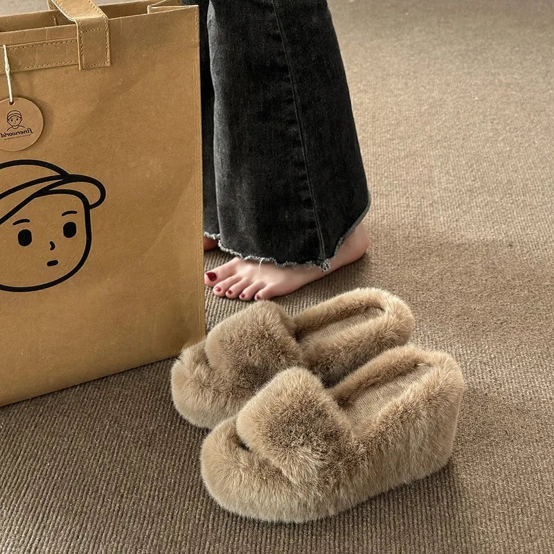 Women's 9cm Wedge Plush Slippers Autumn Winter Slip-Resistant Sole Fuzzy Slippers Comfort Warm Indoor Outdoor Thick Fur Shoes