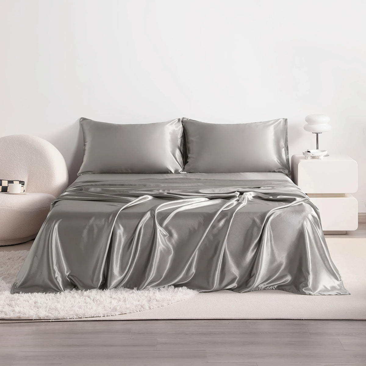 4pcs Cooling Satin Bed Sheet Set, Shrink-Resistant, Fade-Resistant, Hypoallergenic, Breathable, Flat Sheet & Fitted Sheet & Pill