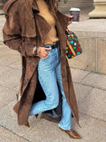 Fashion Brown Long Suede Overcoat Women Solid Chic Lapel Single Breasted Loose Outerwear Lady Autumn Daily High Street Jacket