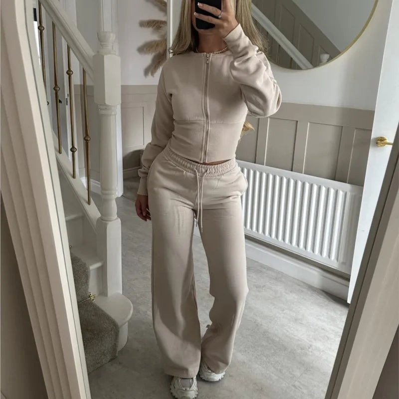Women's Casual Sports Two-piece Set Autumn And Winter New Fashion Long-sleeved Zipper Cardigan Slim Top With Straight Pants Suit