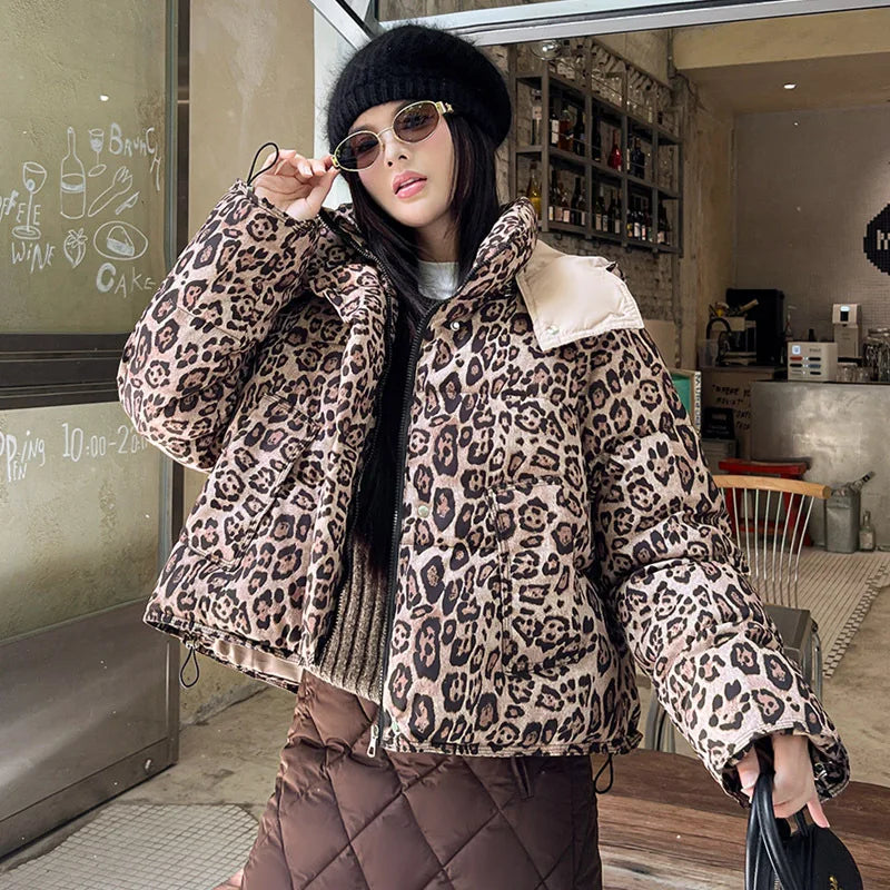 2025 Winter Women American Leopard Print Cotton Jacket Thick Short Stand Collar Streetwear Women Clothes
