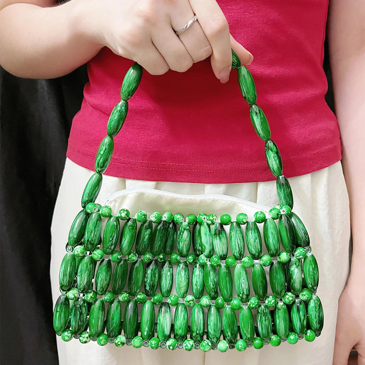 Niche Design 2025 New Handmade Bead Weaving Hollow Out Dopamine Leisure Versatile Beach Handbag