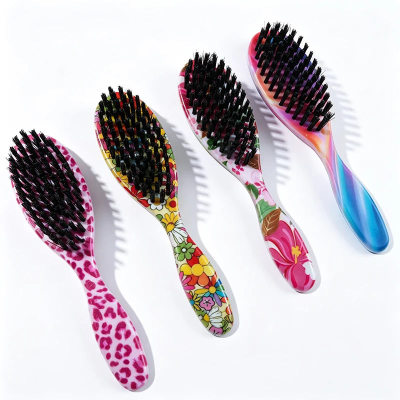 Mini Edge Brush Beard Brush Soft Medium Bristles Detangling Comb Tame Frizzy Hair Leopard Floral Rainbow Patterns Unisex Travel