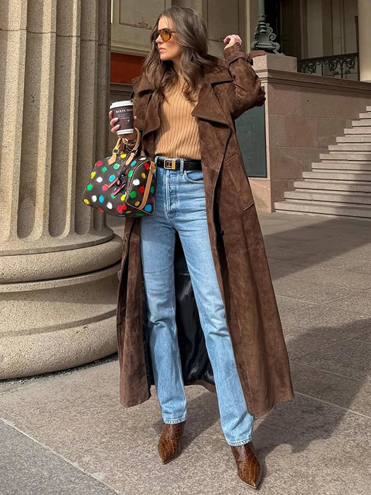 Fashion Brown Long Suede Overcoat Women Solid Chic Lapel Single Breasted Loose Outerwear Lady Autumn Daily High Street Jacket