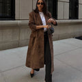High Street Double-breasted Suede Jackets Women's Vintage Turn-down Collar Split Long Coat 2025 Autumn Winter New Ladies Outwear