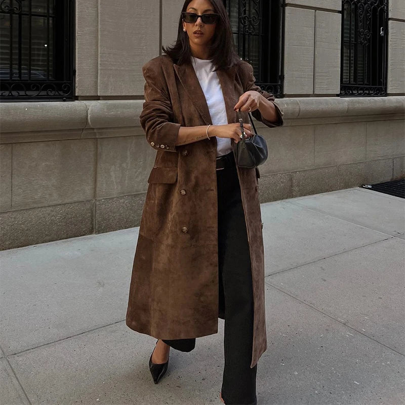 High Street Double-breasted Suede Jackets Women's Vintage Turn-down Collar Split Long Coat 2025 Autumn Winter New Ladies Outwear