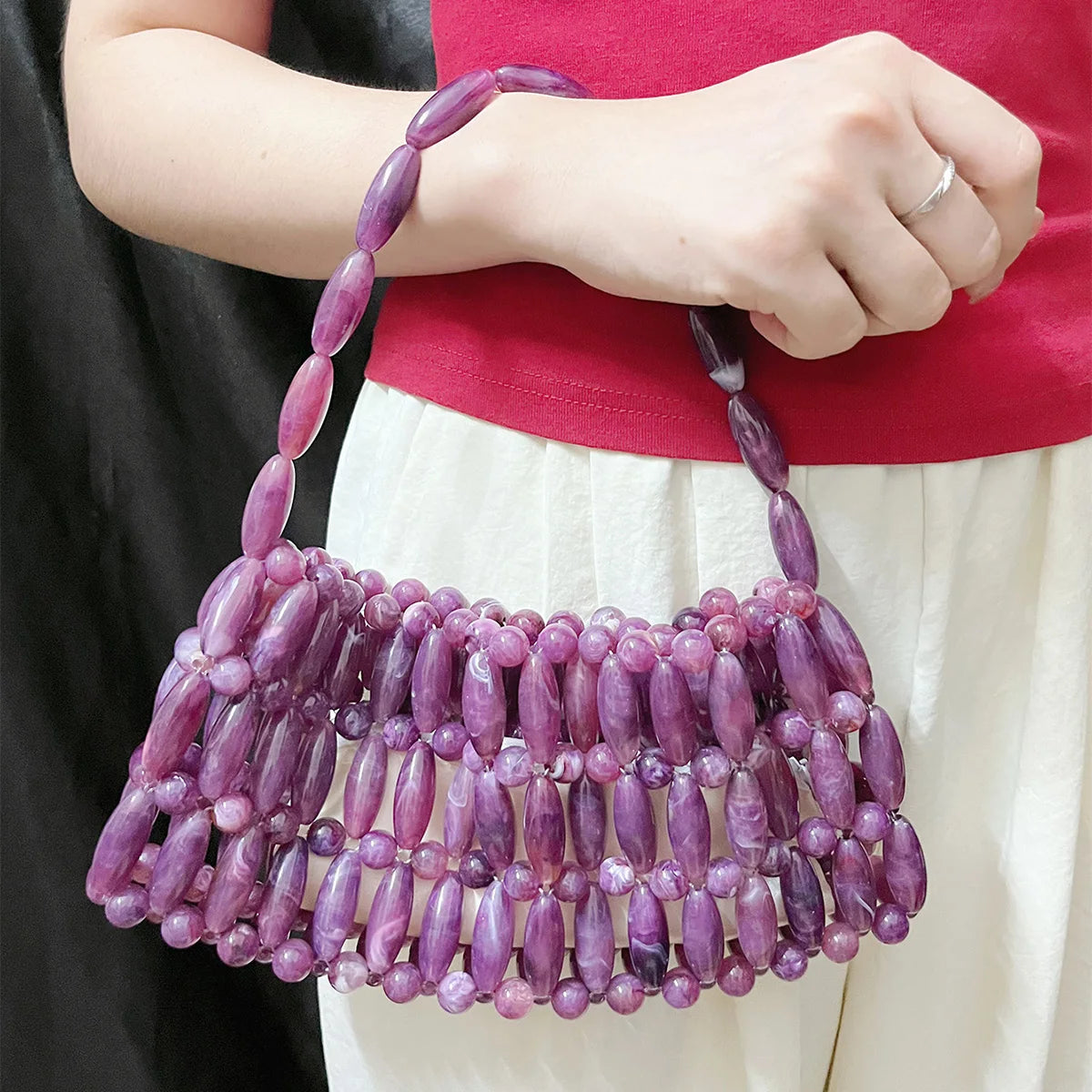 Niche Design 2025 New Handmade Bead Weaving Hollow Out Dopamine Leisure Versatile Beach Handbag
