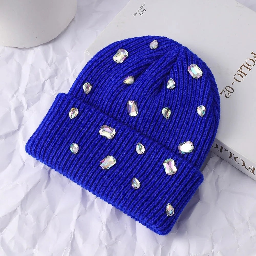 Rhinestone-embellished Beanie Hat Solid Color Punk-style Rhinestone-adorned Hat Soft Stretchy Pullover Knit Cap Winter