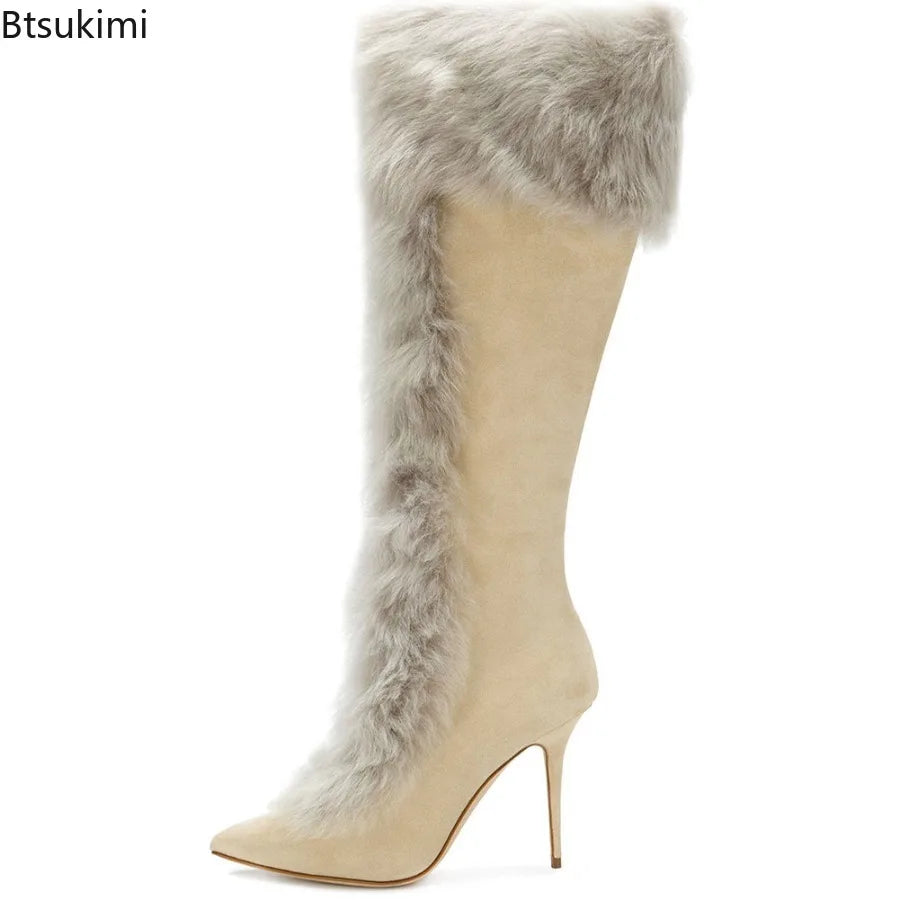 Elegant Lady Bunny Fur Knee High Boots Winter Sexy Warm High Heel Pointed Toe Plus Size Long Boots Fashion Women Stiletto Boots