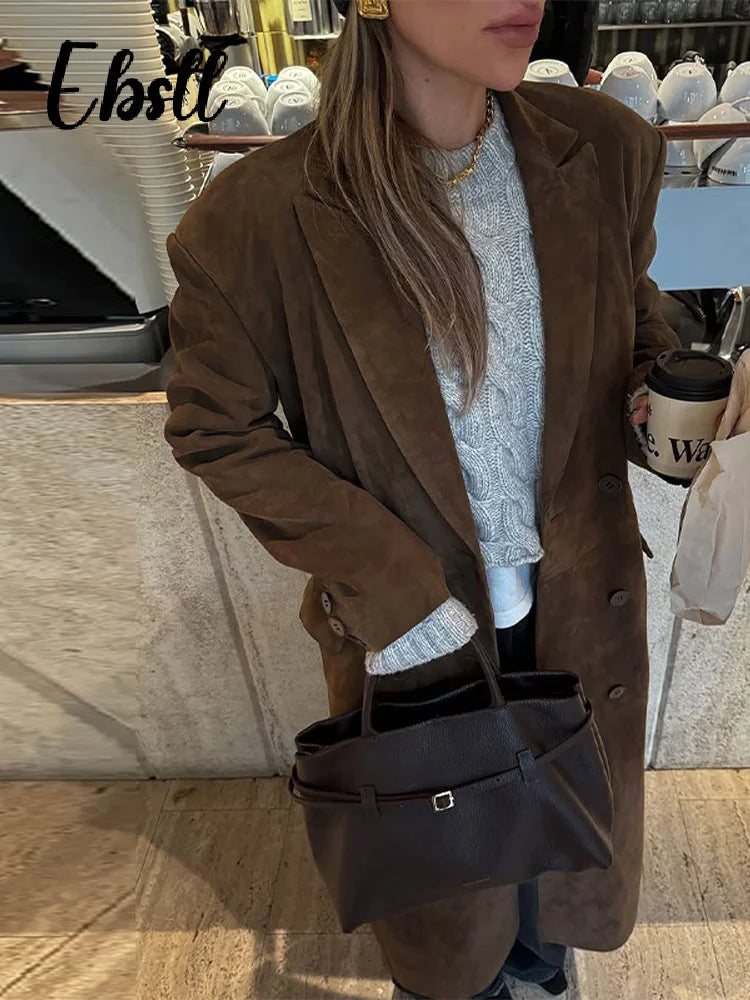High Street Double-breasted Suede Jackets Women's Vintage Turn-down Collar Split Long Coat 2025 Autumn Winter New Ladies Outwear