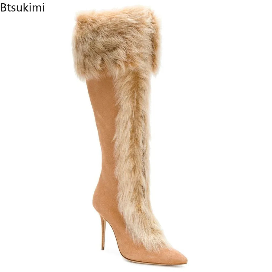 Elegant Lady Bunny Fur Knee High Boots Winter Sexy Warm High Heel Pointed Toe Plus Size Long Boots Fashion Women Stiletto Boots