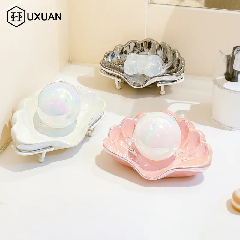 Shell Shape Ceramic Drain Soap Dish Holder Creative Home Solid Color Soap Dishes Jewelry Boxes Storage Box Bathroom Accessories