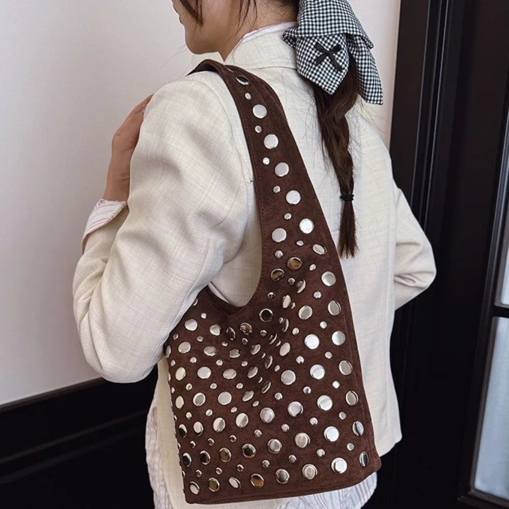 Elegant Rivet Decoration Hobo Shoulder Bag Suede Solid Color Bucket Handbag Large Capacity Underarm Tote For Women