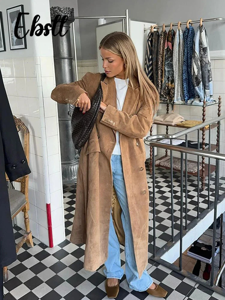 High Street Double-breasted Suede Jackets Women's Vintage Turn-down Collar Split Long Coat 2025 Autumn Winter New Ladies Outwear