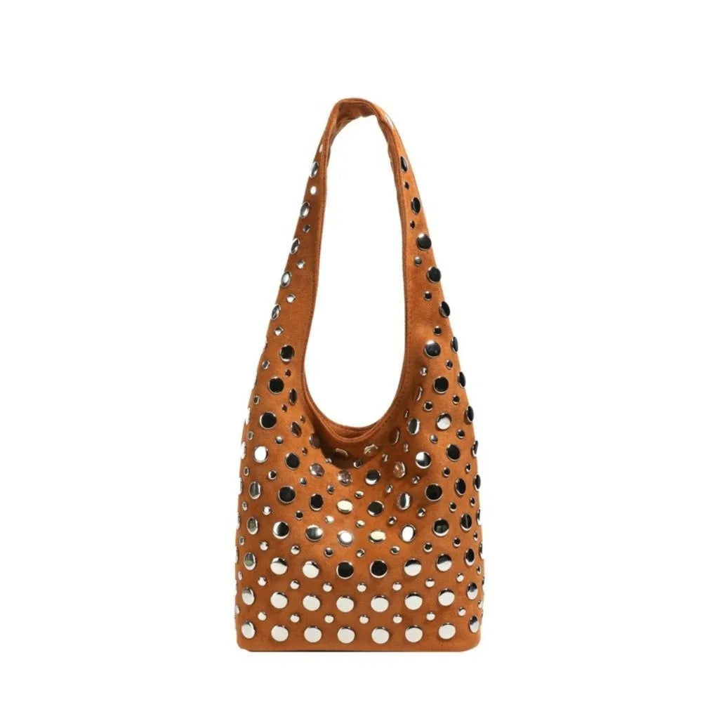 Elegant Rivet Decoration Hobo Shoulder Bag Suede Solid Color Bucket Handbag Large Capacity Underarm Tote For Women