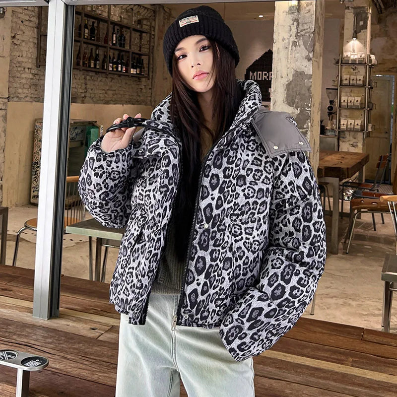 2025 Winter Women American Leopard Print Cotton Jacket Thick Short Stand Collar Streetwear Women Clothes