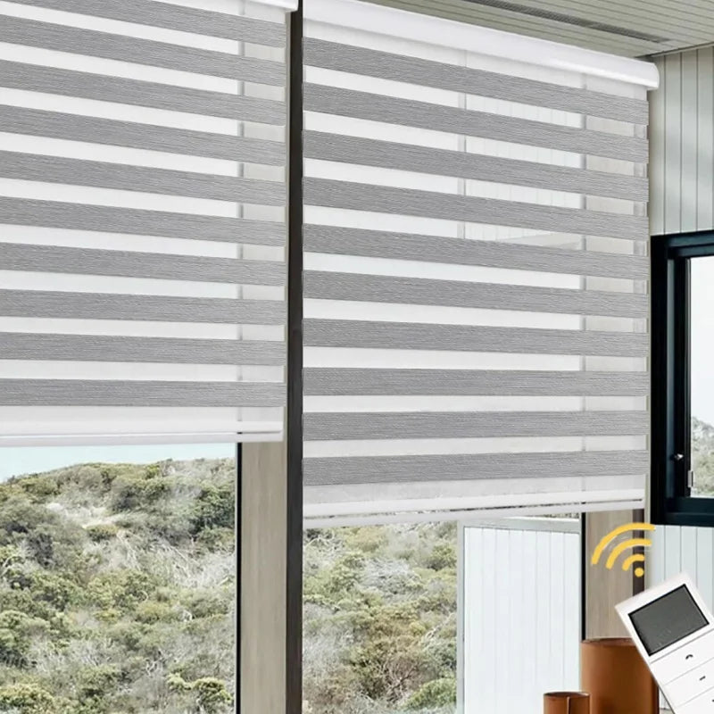 China Factory Wholesal Modern Design 100%Polyester Remote Control Zebra Blinds For Bathroom