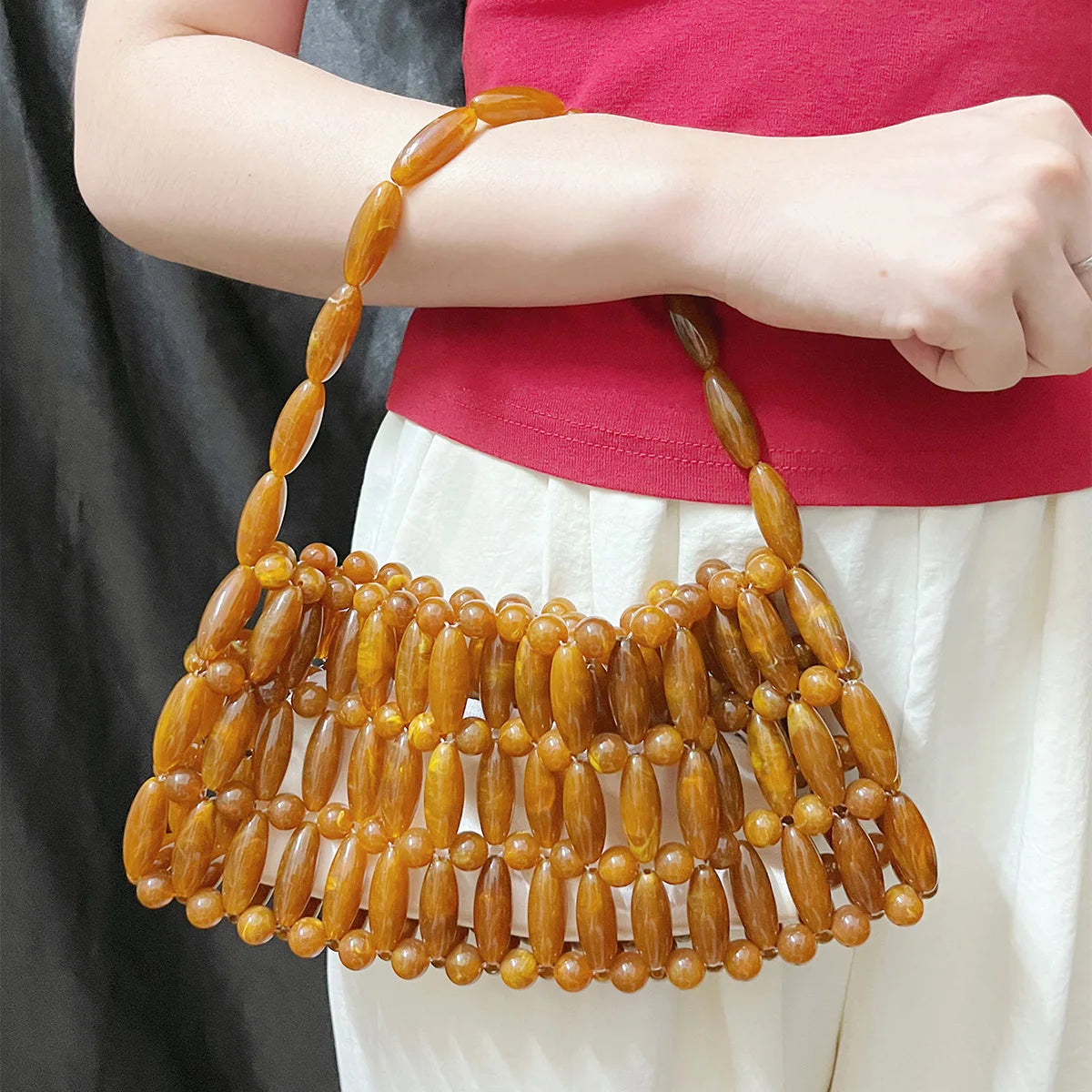 Niche Design 2025 New Handmade Bead Weaving Hollow Out Dopamine Leisure Versatile Beach Handbag