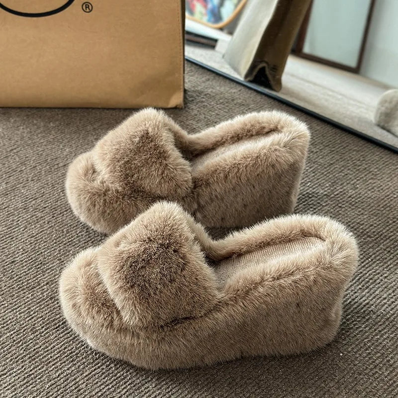 Women's 9cm Wedge Plush Slippers Autumn Winter Slip-Resistant Sole Fuzzy Slippers Comfort Warm Indoor Outdoor Thick Fur Shoes