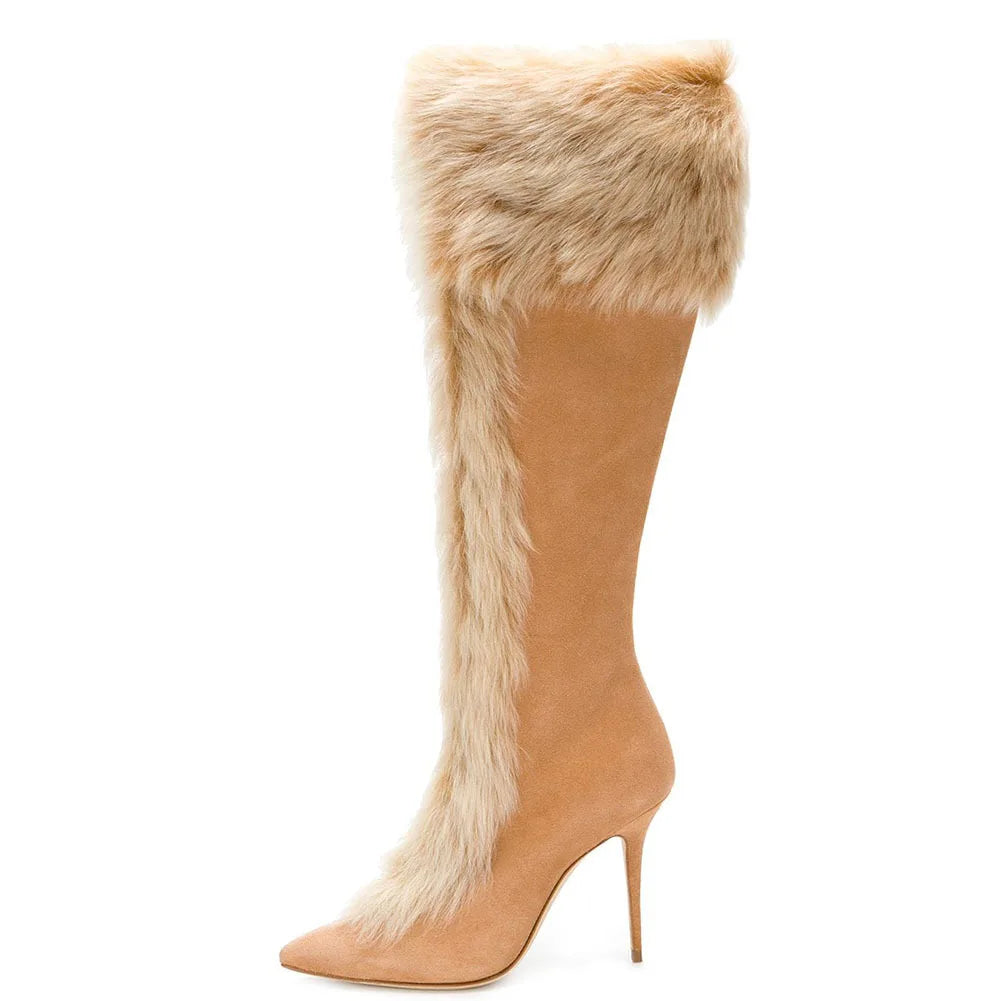 Elegant Lady Bunny Fur Knee High Boots Winter Sexy Warm High Heel Pointed Toe Plus Size Long Boots Fashion Women Stiletto Boots