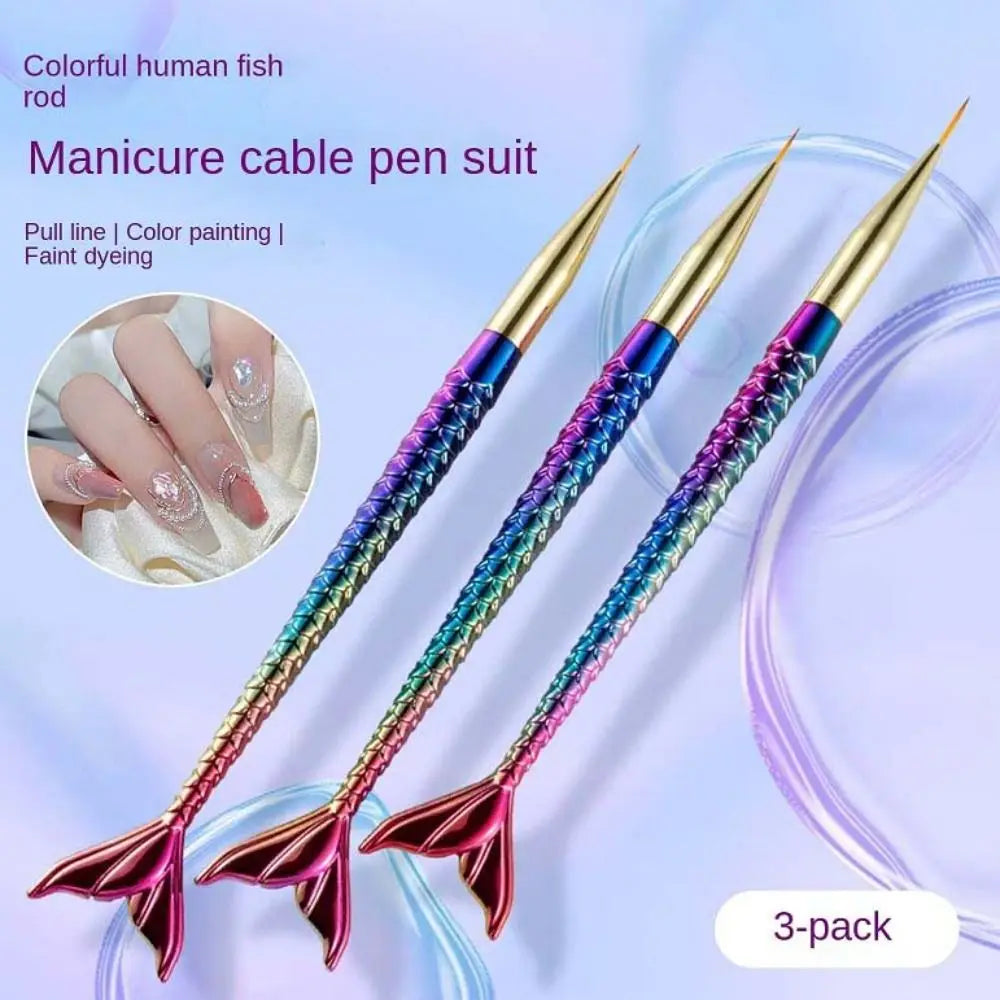 3Pcs/set Mermaid Tail Shape Mermaid Nail Painting Brush UV Gel Extension Flower Line Grid Mermaid Nail Art Liner Pen