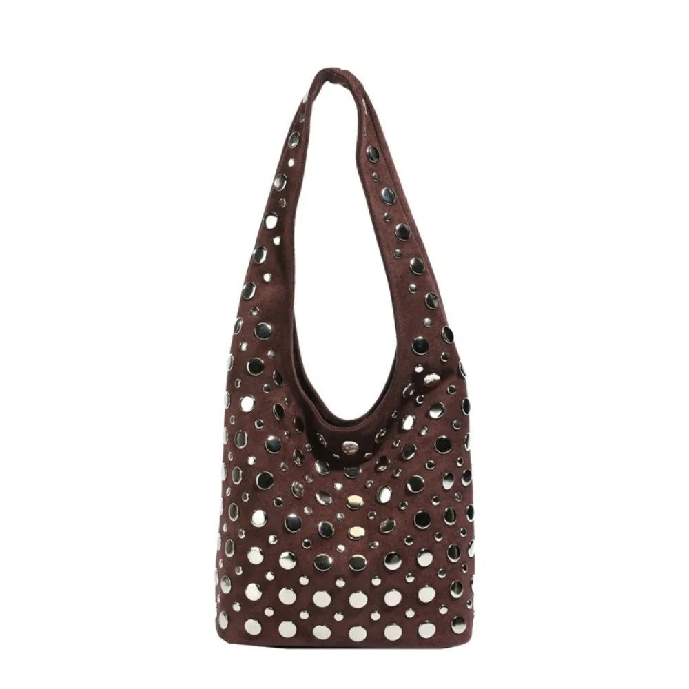 Elegant Rivet Decoration Hobo Shoulder Bag Suede Solid Color Bucket Handbag Large Capacity Underarm Tote For Women