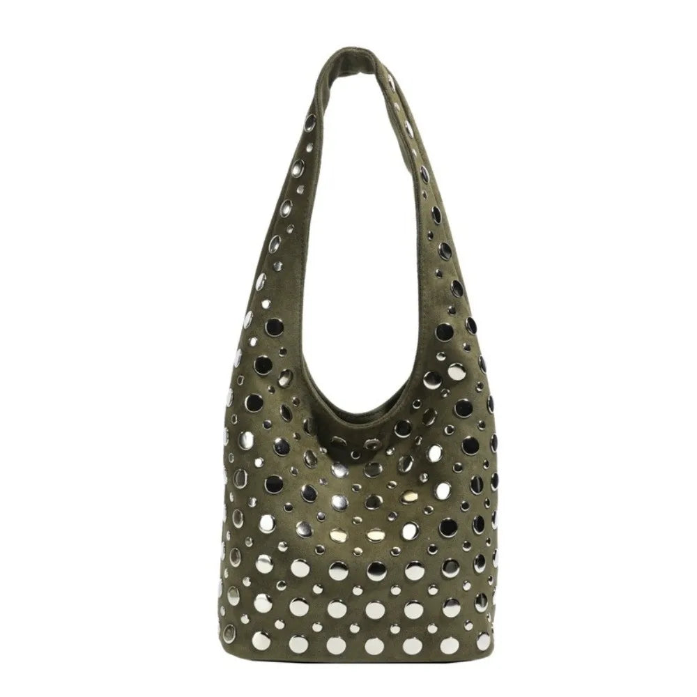 Elegant Rivet Decoration Hobo Shoulder Bag Suede Solid Color Bucket Handbag Large Capacity Underarm Tote For Women
