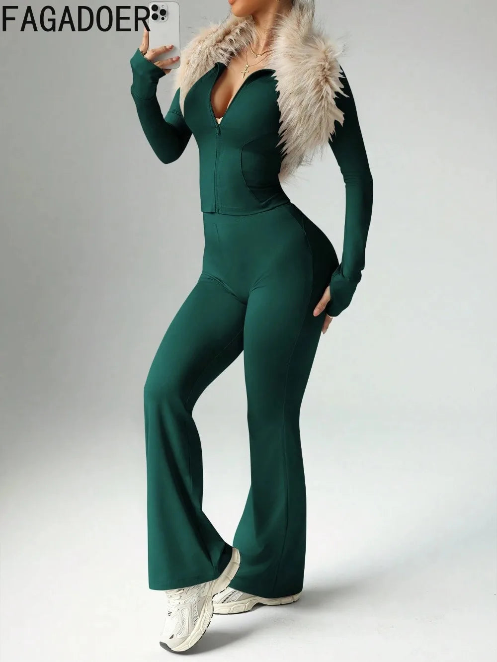 FAGADOER Casual Sports 2 Pieces Set for Woman Outfit Solid Color Long Sleeves Crop Top + Skiny Pants Female Streetwear Clothing