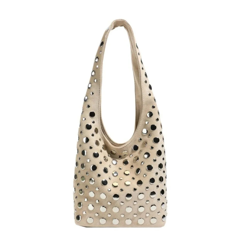 Elegant Rivet Decoration Hobo Shoulder Bag Suede Solid Color Bucket Handbag Large Capacity Underarm Tote For Women