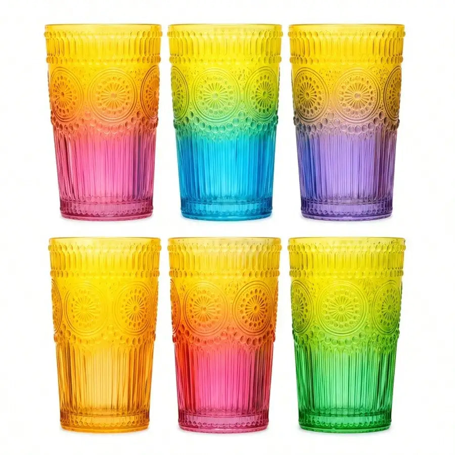6 Pieces 12oz/354ml, Colorful Retro Water Cup, Romantic Drinking Cup, High-Quality Glassware Set, Suitable For Juice, Beverages, Coffee, Milk And Other Drinks, Very Suitable For Parties, Weddings And Festivals.sh2605221452864